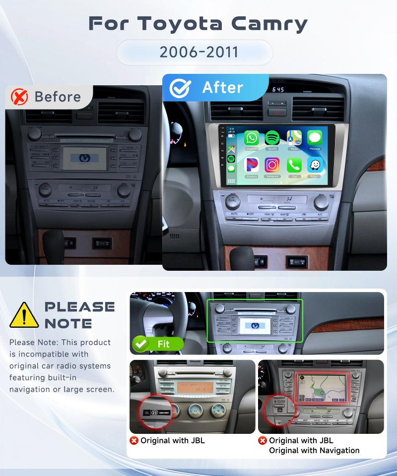 Podofo for Toyota Camry 2006 2007 2008 2009 2010 2011 Android Car Stereo 9 Inch HD Touch Screen Car Radio with Wireless CarPlay Android Auto, WiFi, GPS Navigation, BT, FM Radio, USB, Rear Camera 4G+64G - Image 2